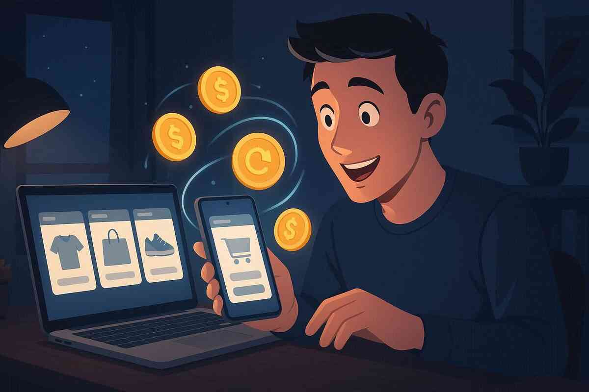 Happy night-owl shopper comparing carts on laptop and phone with floating cashback coins—EC price check, points maximization, cozy optimism, rewarding savings vibe
