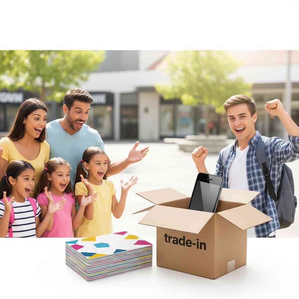 Family cheering as a teen drops an old phone into a trade-in box beside discount cards—trade-in value win, sweet relief, uplifting “I saved!” moment, budget-friendly upgrade
