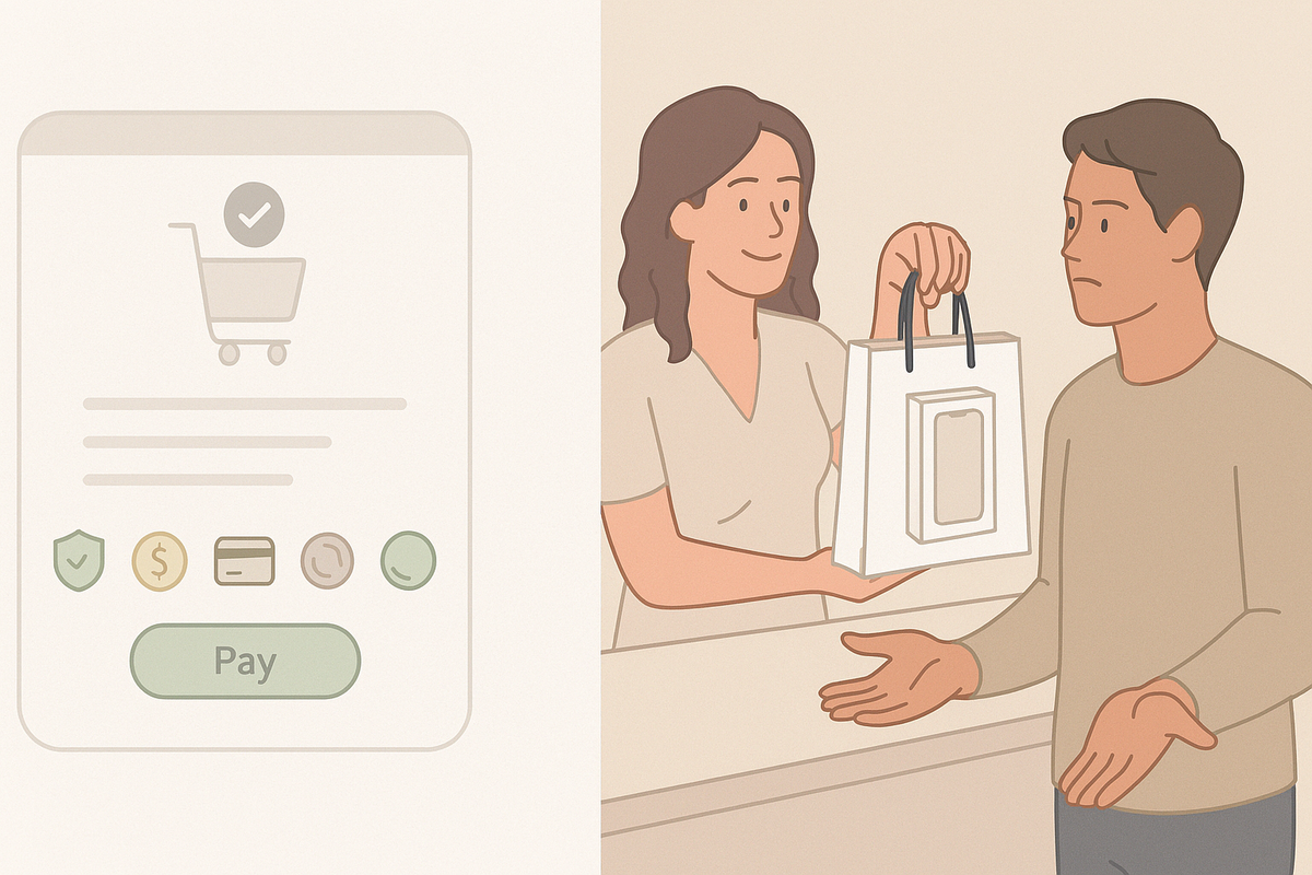 Split-screen of online checkout icons versus a friendly clerk handing over a phone bag—online vs in-store fees and perks, calm clarity, trustworthy choice, zero-hassle comparison