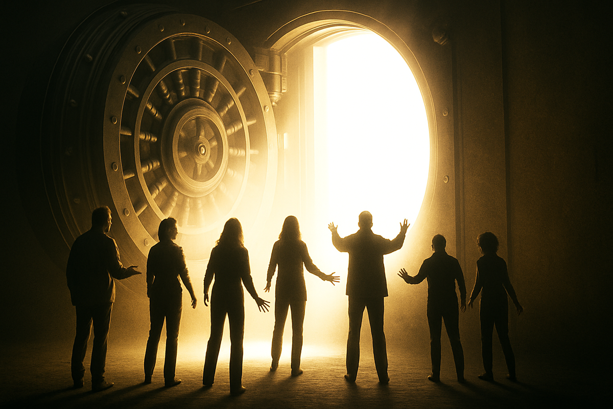 Blinding golden vault door opening—silhouettes reaching out in awe, hidden secrets revealed, mysterious treasure light, overwhelming sense of revelation