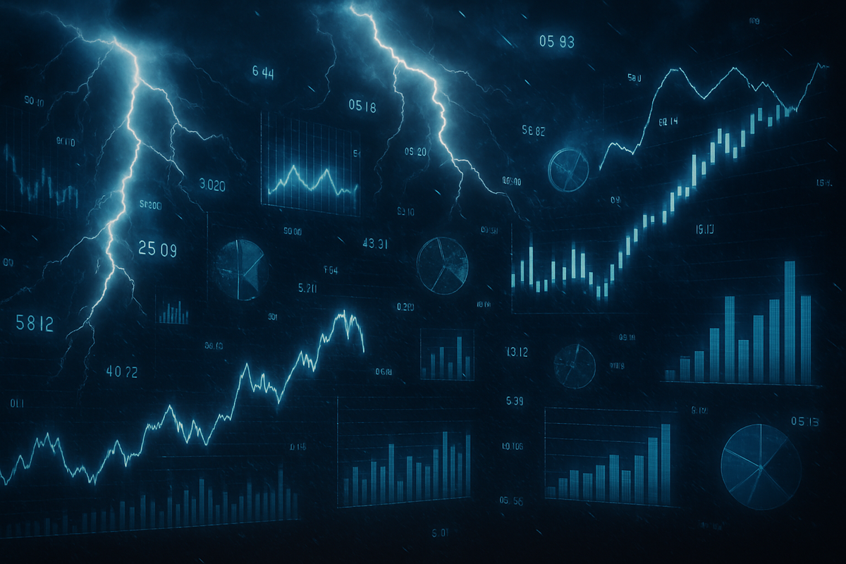 Storm of glowing charts and graphs in thunderous night sky—lightning strikes through data, fierce financial waves, raw power of unstoppable analysis