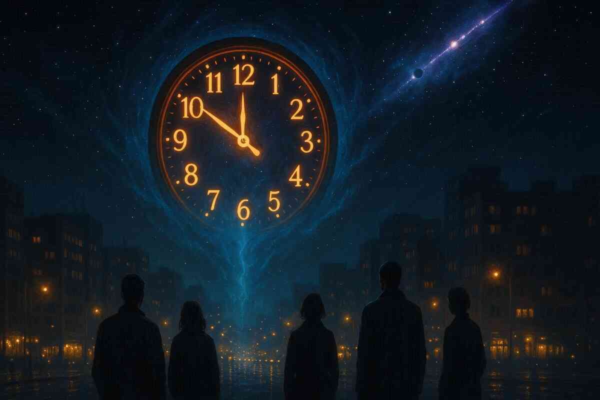 Cosmic 9 PM clock glowing in the universe—people gazing upward, mystical alignment, night city lights shimmering, destiny and anticipation in the air