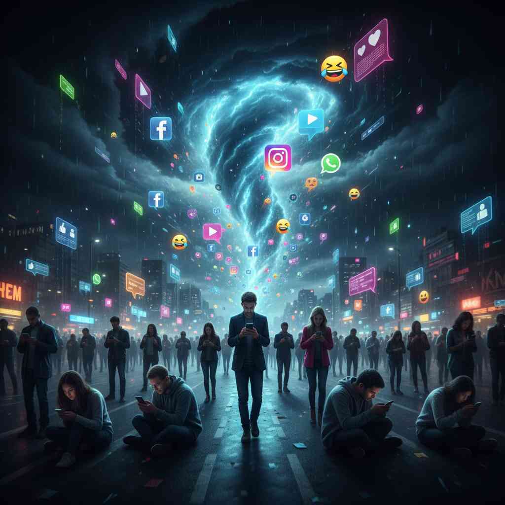 Chaotic tornado of neon social media icons—crowd frantically scrolling, storm of likes and comments, digital frenzy, overwhelming rush of real-time buzz