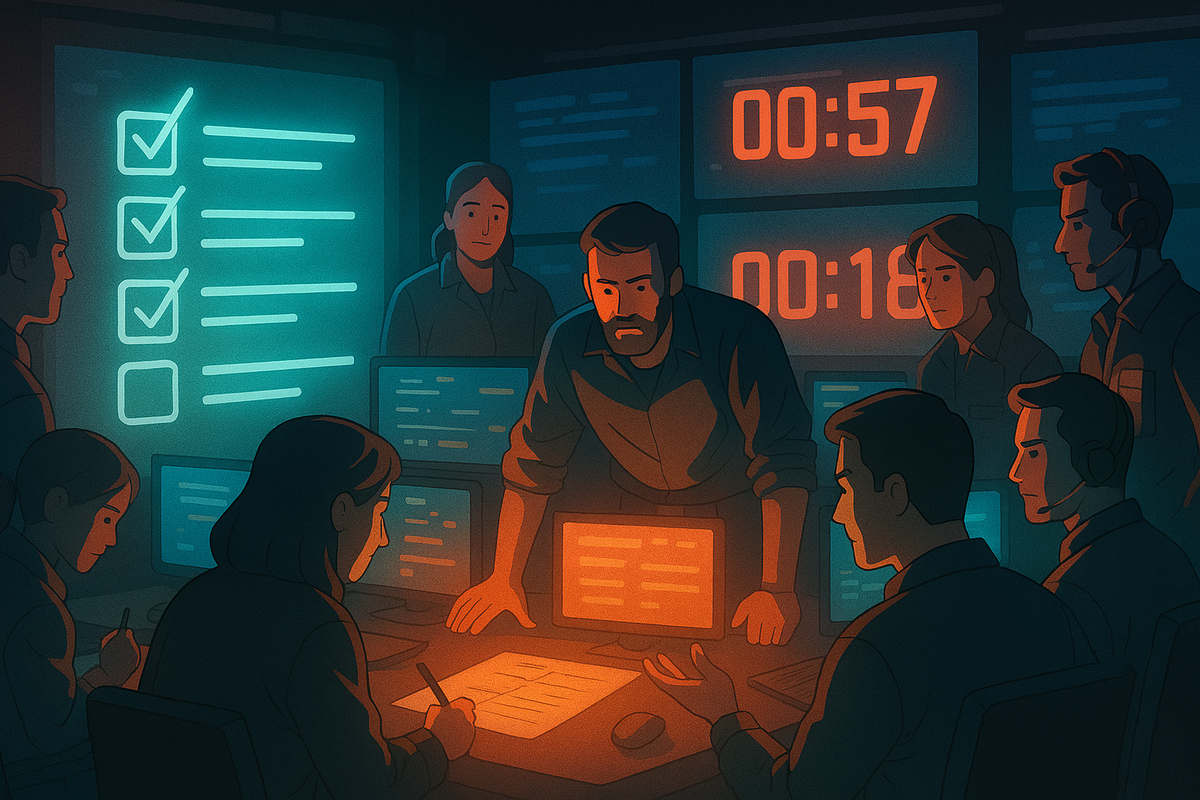 Intense war room glowing with countdown screens—team strategizing under pressure, neon checklists shining, urgent mission energy, battle-ready preparation
