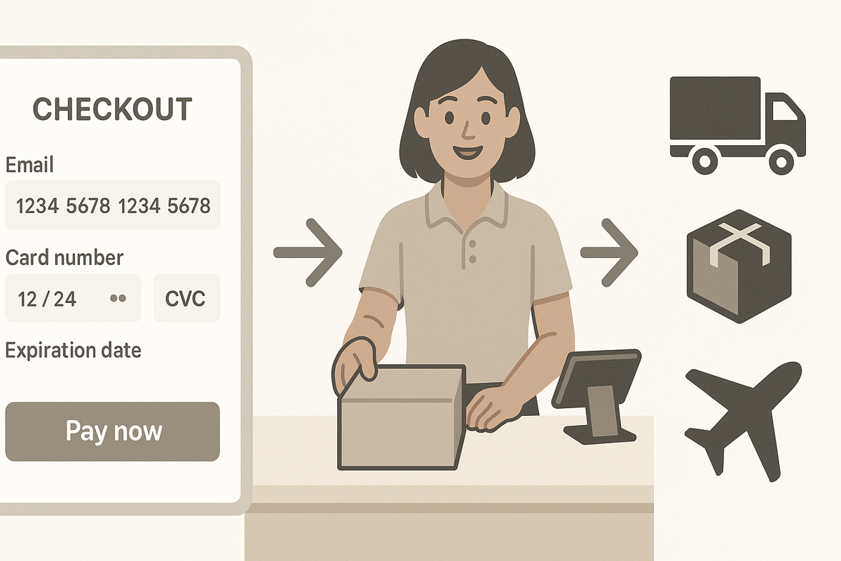 Friendly checkout flow—smiling clerk, secure payment screen, package and airplane icons—clear path from order to delivery, warm and reliable energy