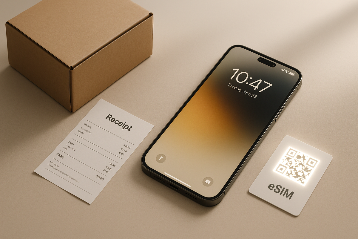 Minimalist desk with glowing eSIM QR card, receipt, and new smartphone—calm confidence of unlocked purchase, smart future-ready vibe