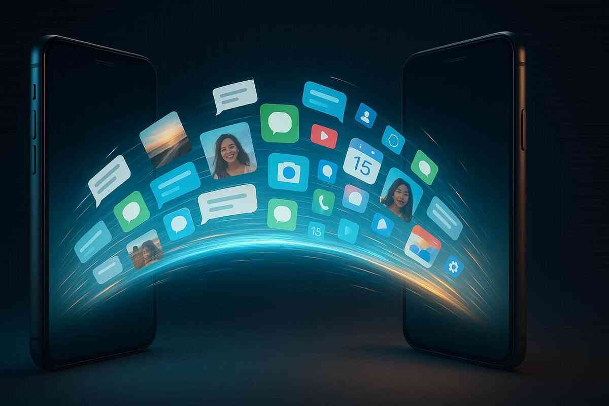 Two smartphones linked by glowing data stream—photos, chats, apps flying across—emotional relief of seamless transfer, unstoppable flow of memories