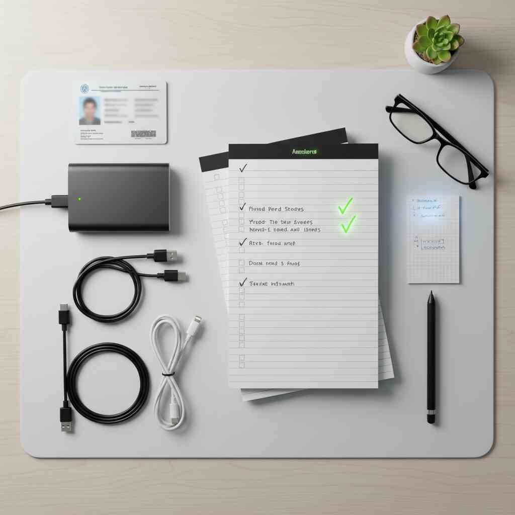 Organized flat lay with ID, cables, charger, and checklist glowing green—calm preparation energy, mission-ready for upgrade day