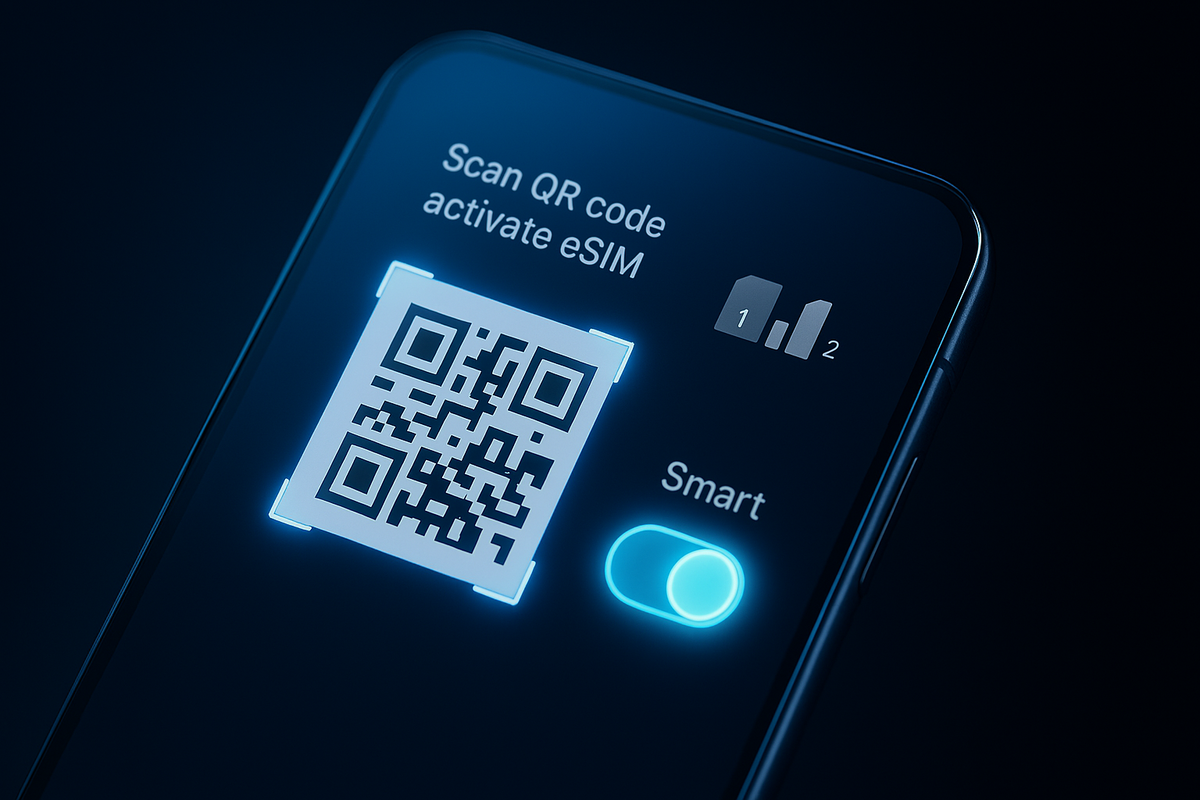 Close-up glowing QR code on smartphone screen—dual SIM bars shining, futuristic toggle switch, smart power of eSIM activation