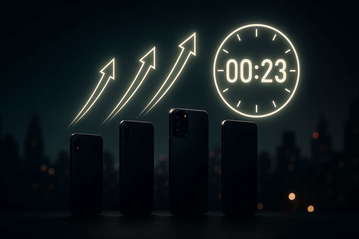 Four glowing arrows rising above smartphones with countdown clock—intense rush, late-night urban skyline, electrifying last-second upgrade energy
