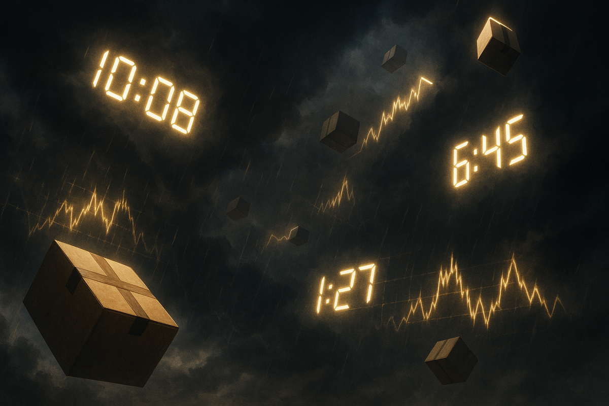 Stormy sky with glowing clocks and flying packages—unpredictable delivery waves, dramatic energy, chaotic lightning of sudden stock drops