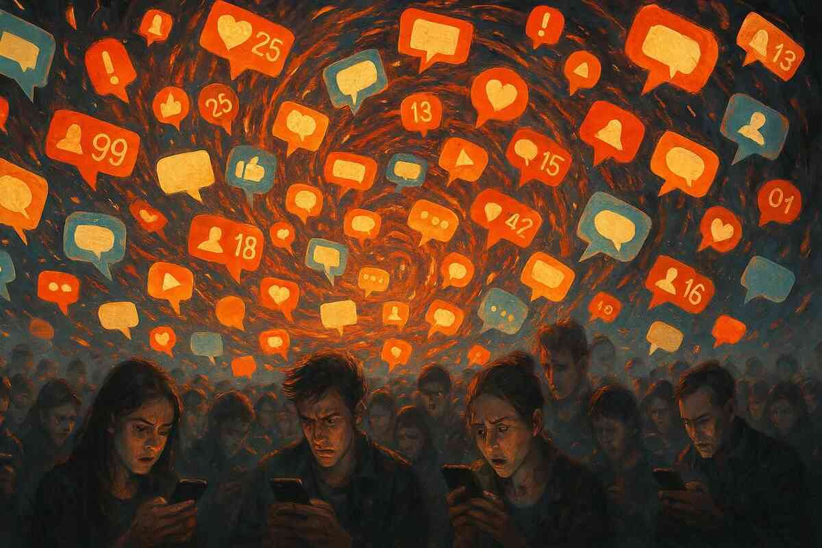 Crowd hypnotized by a whirlwind of social media notifications—hearts, likes, alerts swirling above—intense frenzy, overwhelming info storm
