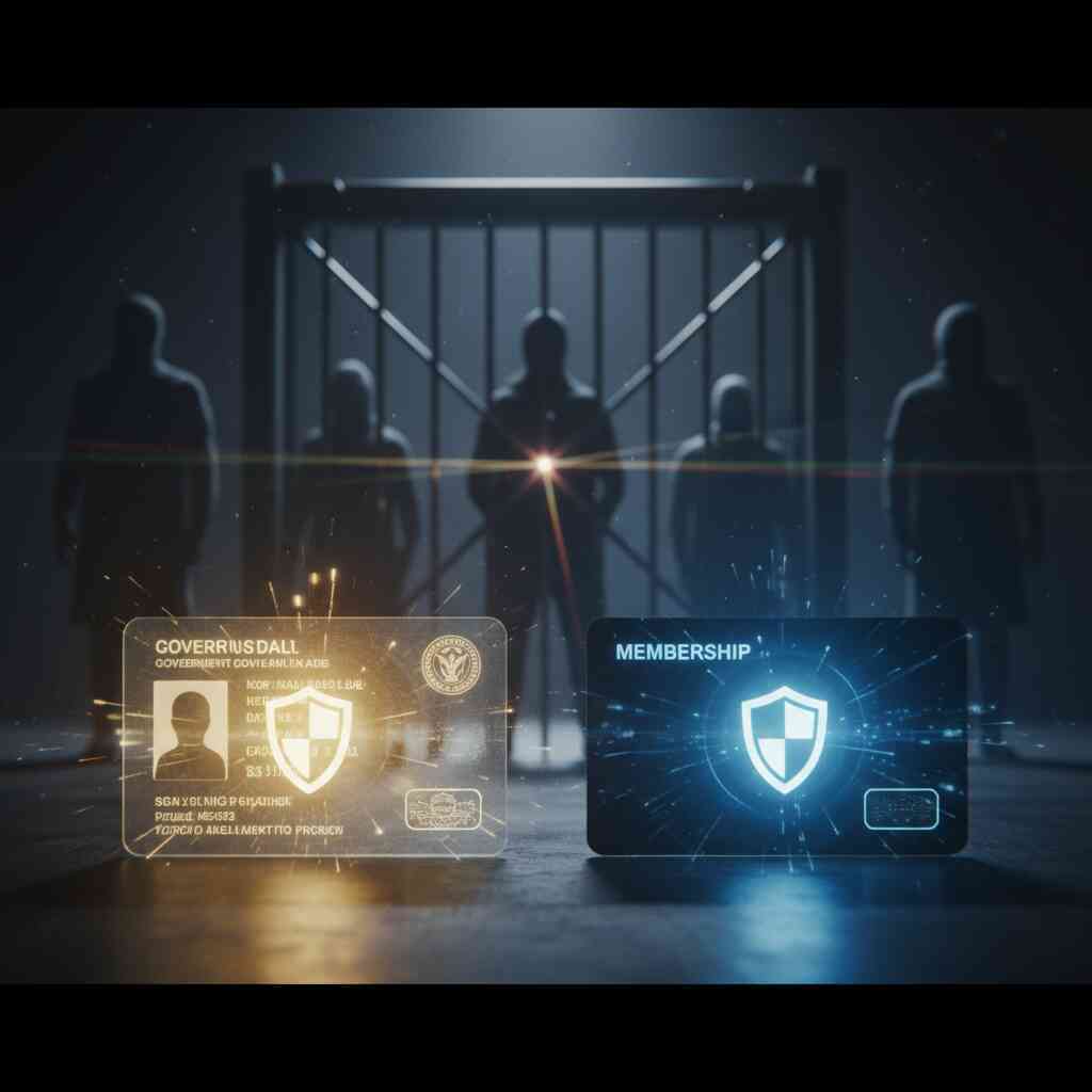 Glowing ID and membership cards blocking dark shadowy figures behind a gate—strict security, identity check tension, power struggle vibe
