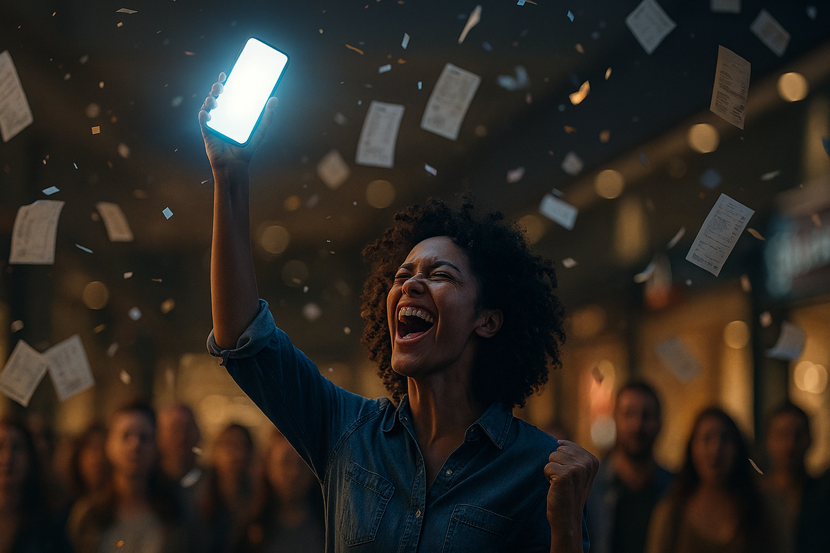Woman triumphantly raising glowing smartphone under confetti rain—explosive joy, victorious moment, raw celebration of purchase success