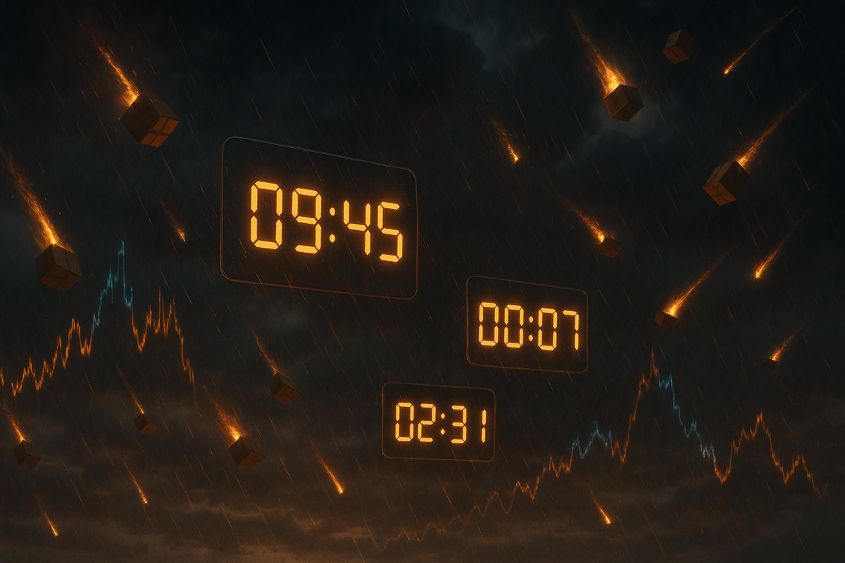Falling meteor-like packages with digital countdown clocks—stormy urgency, chaotic stock drops, racing heartbeat of guerrilla sales timing