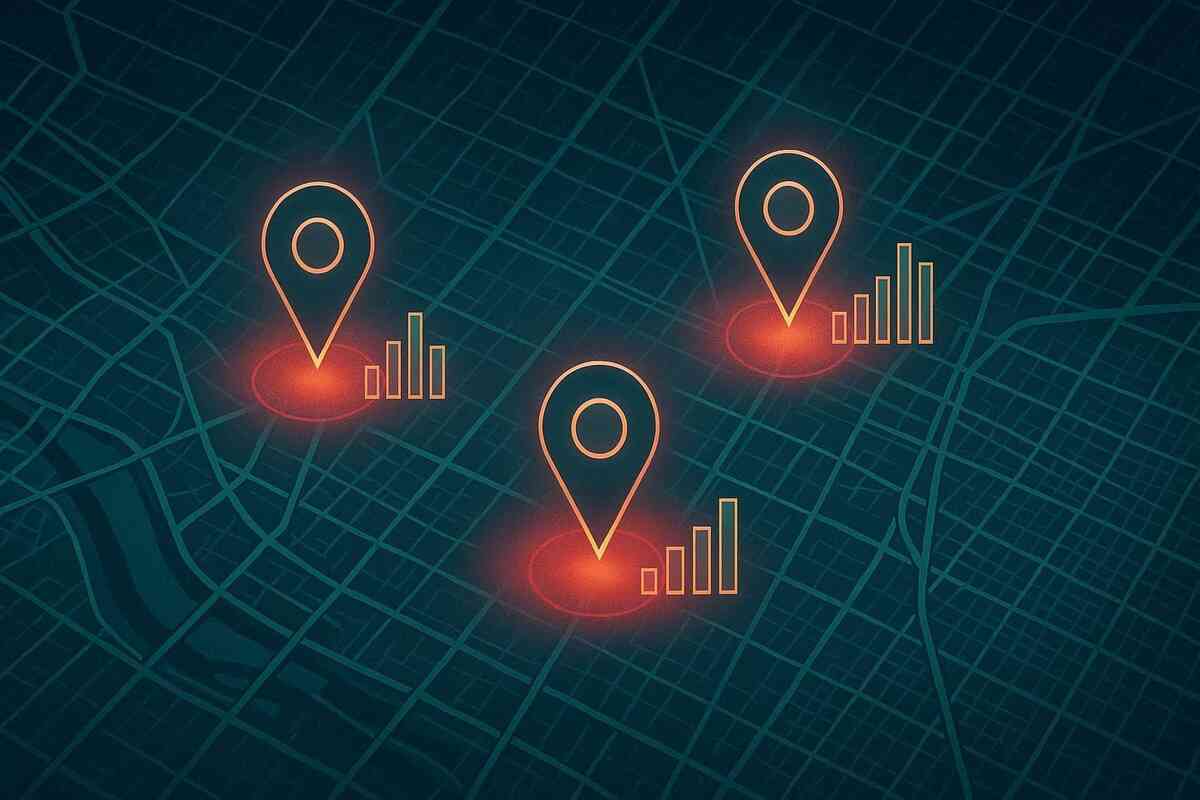 Digital map with glowing red location pins and rising bar signals—urban hunt intensity, hotspots of secret iPhone stock release revealed
