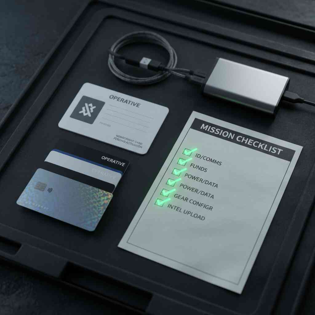 Mission kit checklist glowing with ID cards, cables, and payment tools—spy-like preparation, adrenaline-packed readiness for guerrilla buying day
