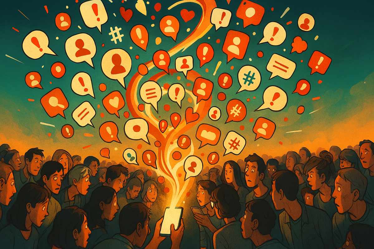 Crowd staring at phones with exploding social media icons in the sky—viral frenzy, electrifying word-of-mouth, emotional wildfire of real-time info