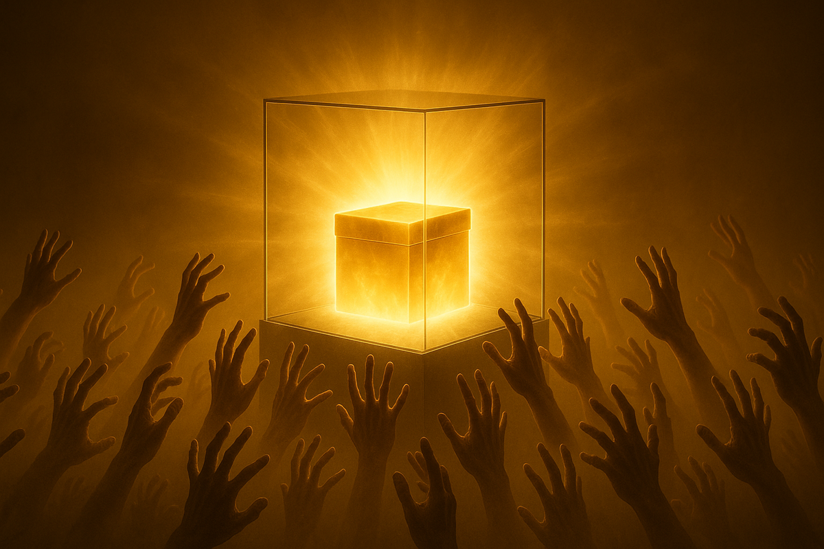 Golden sealed box radiating light, countless hands desperately reaching—sacred unopened iPhone aura, intense desire, feverish premium demand