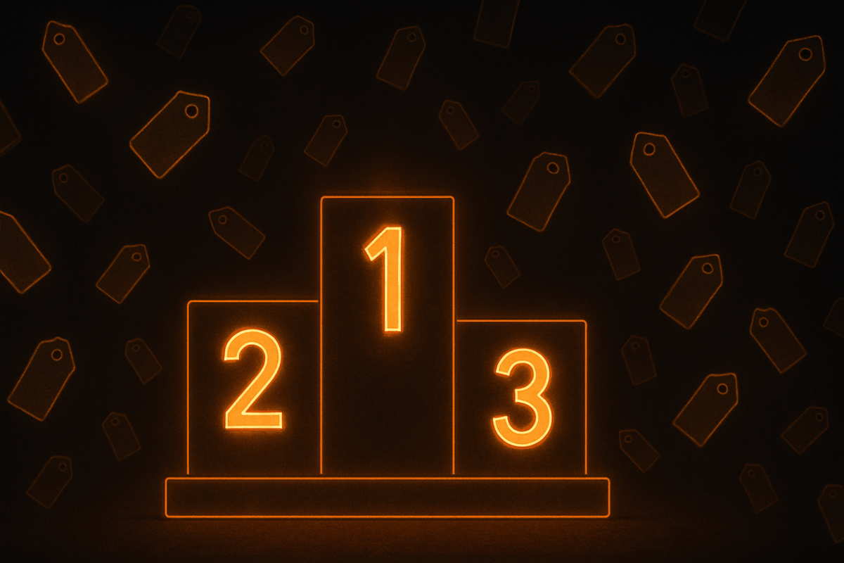Neon podium ranking 1-2-3 with floating price tags—dramatic buyback leaderboard, high-stakes competition, shining winners in resale game