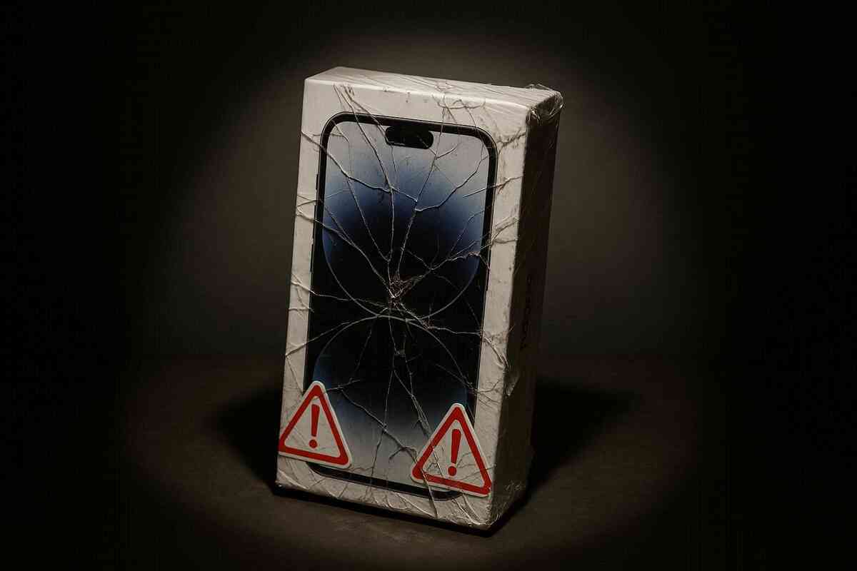 Damaged iPhone box with cracks and warning signs—harsh reality of deductions, fragile value, emotional cautionary tale of careless storage