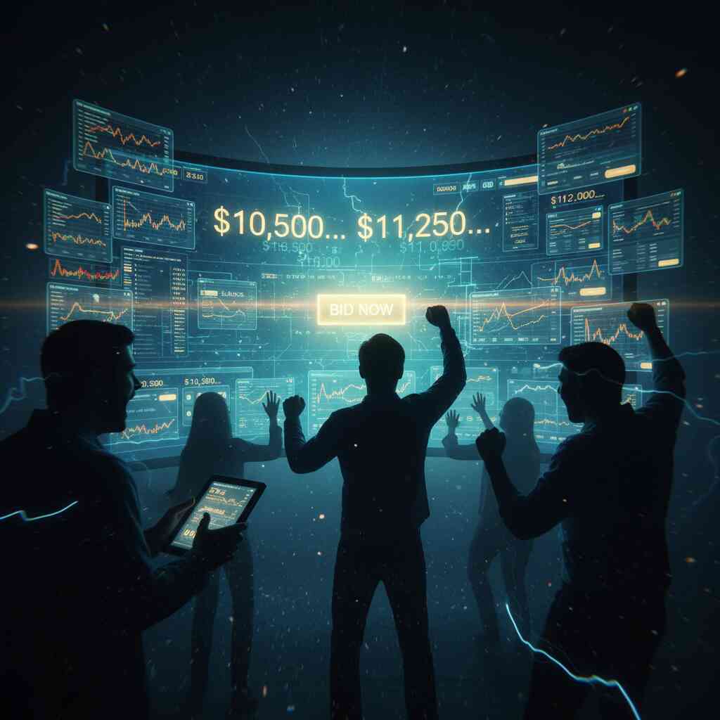 Futuristic auction room with glowing bid screens and cheering silhouettes—adrenaline-charged bidding war, chaotic energy, breathtaking price spikes