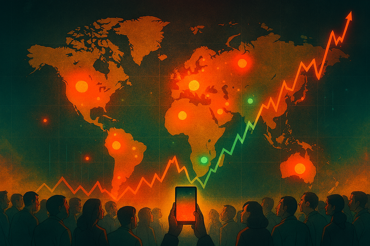 World map glowing with red-hot demand spots and rising green graph—global hunger for iPhone17, unstoppable market momentum, electrifying worldwide surge