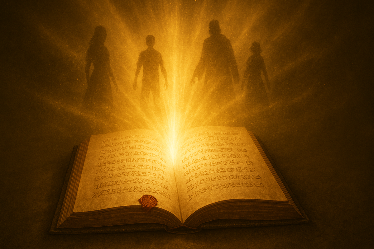 Ancient glowing book opening with golden light, shadows of hidden figures revealed—mythical secrets, divine revelation, thrilling mystery unlocked