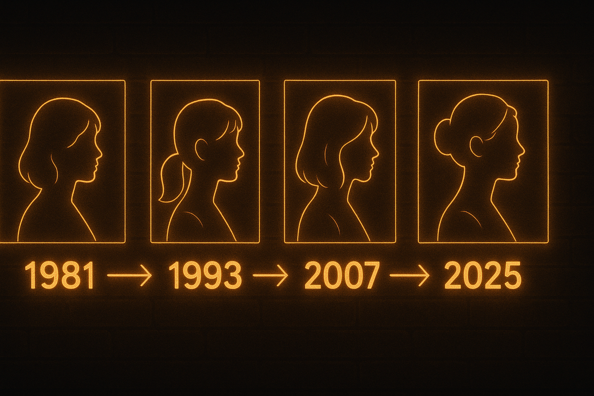 Neon evolution timeline of a woman’s profile from 1981 to 2025—character transformation, legacy reborn, emotional journey across generations