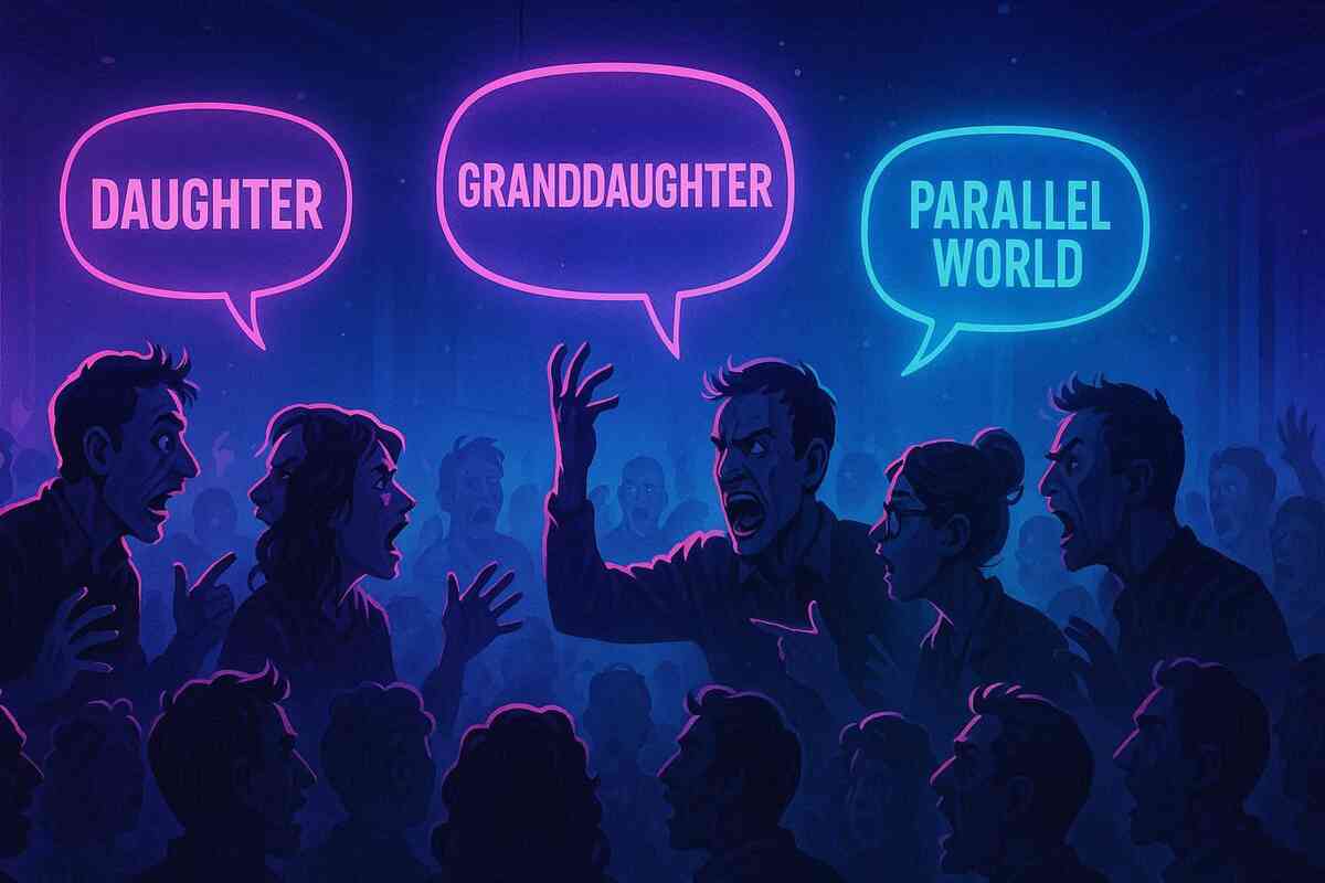 Heated fan debate with neon speech bubbles—daughter, granddaughter, parallel world—explosive clash of theories, passionate voices colliding