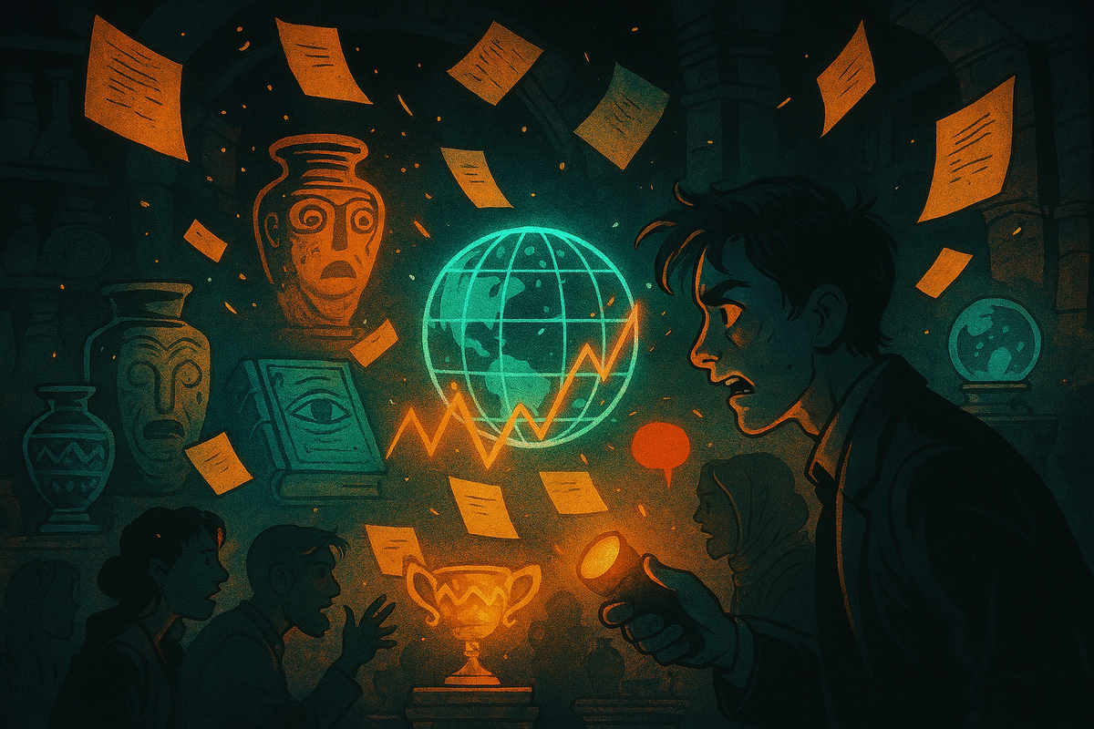 Dark museum filled with relics and glowing charts—investigator uncovering hidden clues, emotional shock of forgotten evidence, thrilling discovery