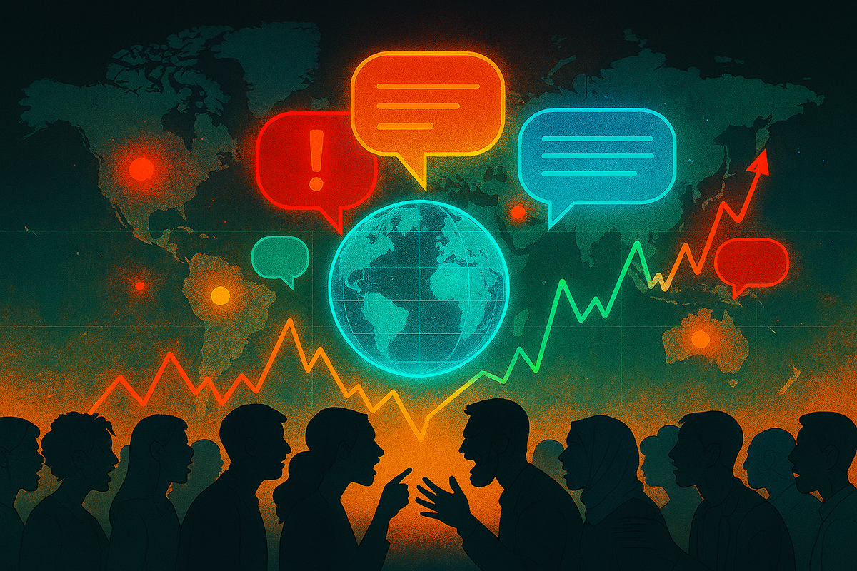 Global map glowing with red-orange pulses, crowds debating under speech bubbles—worldwide controversy, identity shockwave, emotional clash across nations