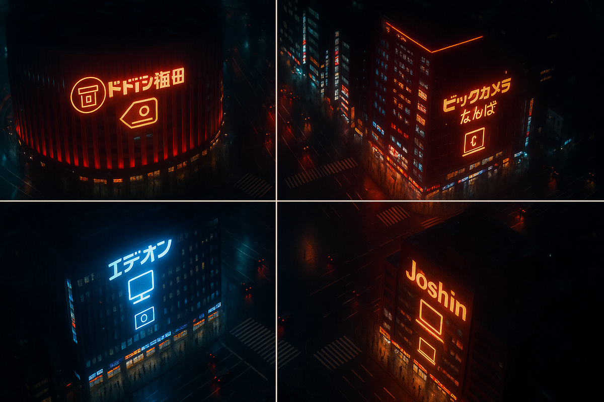 Four Osaka megastores glowing in the night—Yodobashi, Bic Camera, Edion, Joshin—retail battleground for iPhone 17 buyers, neon rivalry, electric anticipation