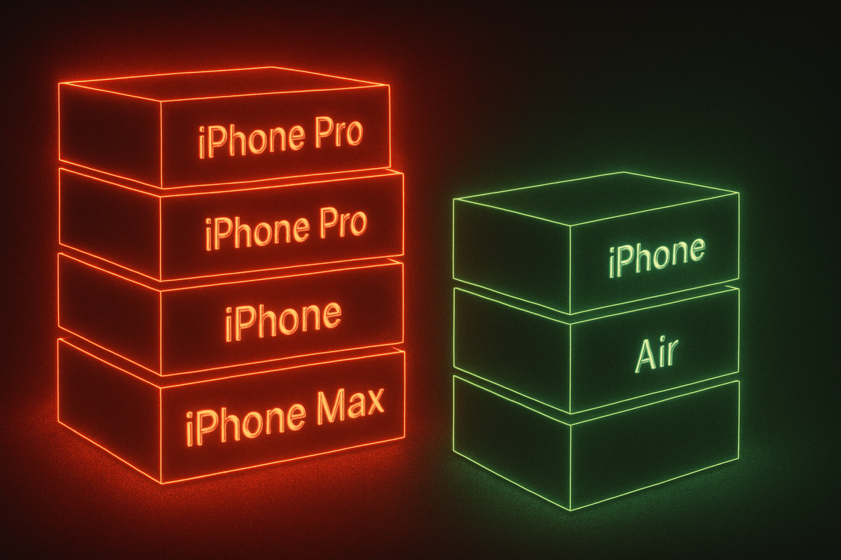 Neon glowing stacks of iPhone Pro vs Air boxes—scarcity vs availability, red-hot demand clashing with green hope, thrilling chance of survival in the hunt