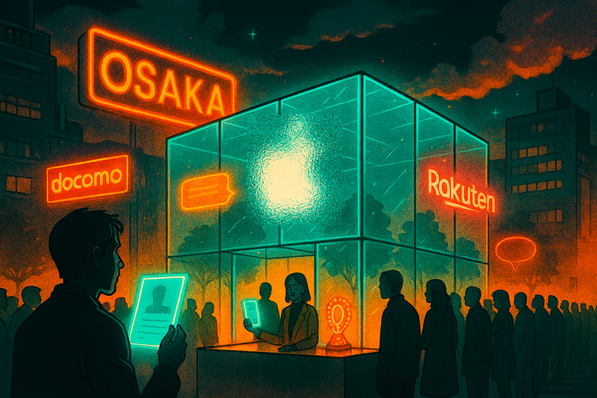 Futuristic Apple glass cube in Osaka night—docomo, Rakuten, carriers glowing around—buyers clutch ID papers, anxious hope, urgent release-day drama