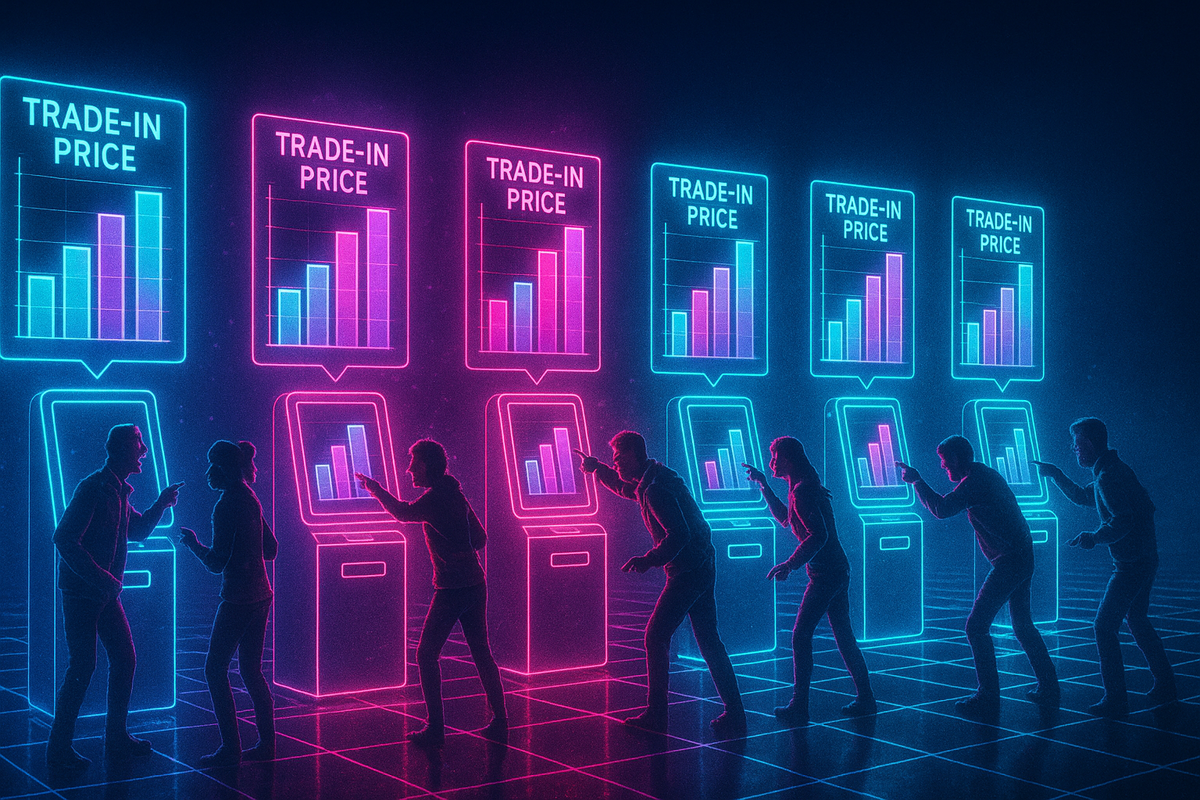 Neon crowd comparing glowing trade-in price charts—electric tension, anxious buyers pointing at rising bars, futuristic urgency, high-stakes iPhone exchange