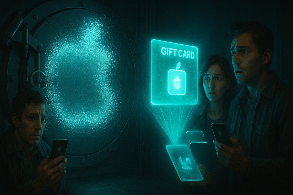 Shocked faces in dark vault room glowing with Apple hologram gift card—fear and hope clash, digital light on worried expressions, mysterious trade-in moment