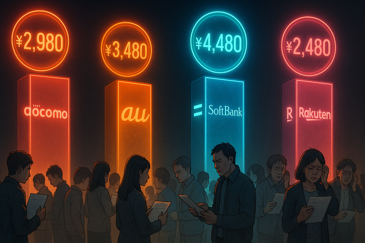 Towering neon price pillars of Docomo, au, SoftBank, Rakuten—crowds reading contracts with frustration and doubt, glowing yen signs, fierce carrier comparison