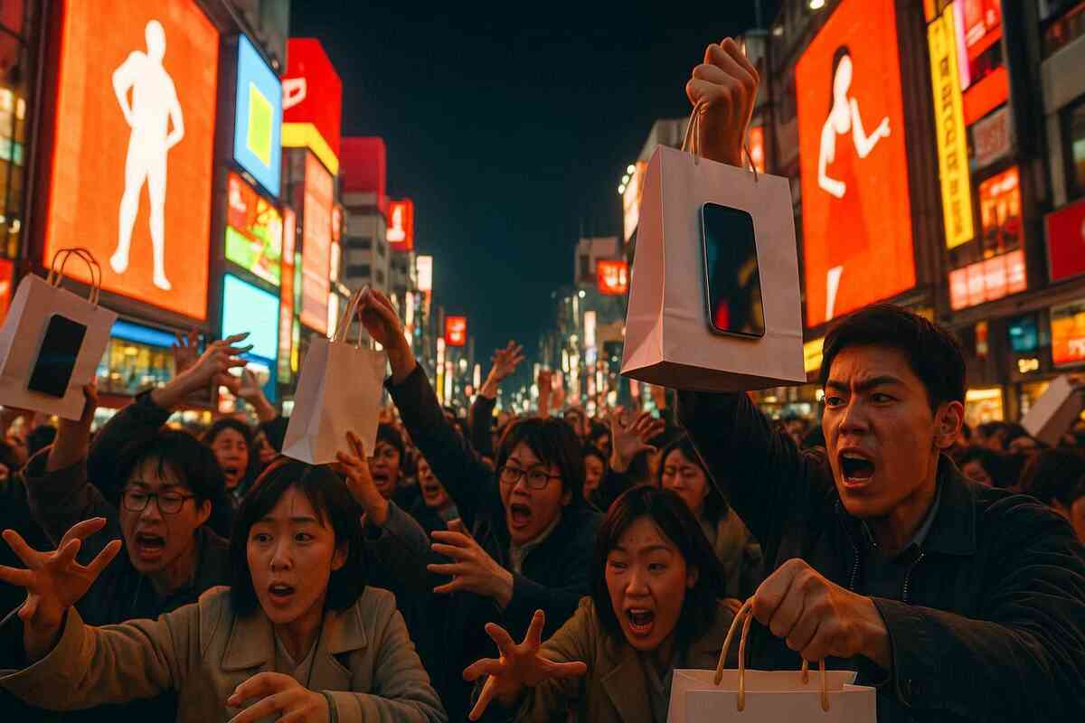 Chaotic Osaka street at night—angry crowd screaming and reaching for iPhone shopping bags, glowing neon billboards, raw frenzy of launch-day madness