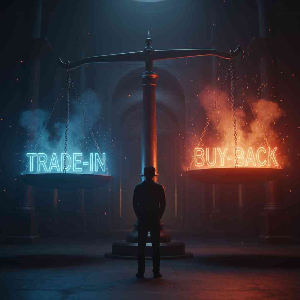 Massive scale glowing TRADE-IN blue vs BUY-BACK burning red—lone figure in shadows, fiery sparks rising, dramatic tension of choice and hidden risk