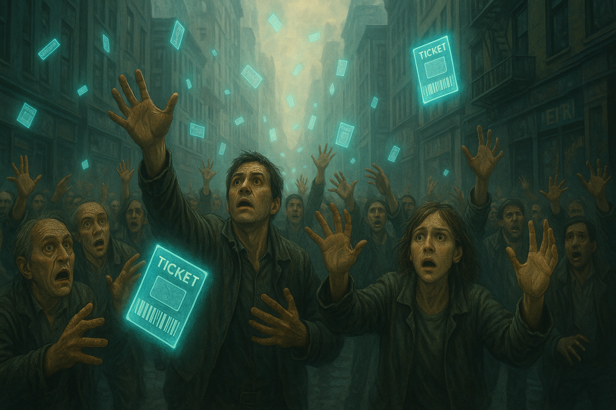 Frantic people reaching toward glowing floating tickets in a crowded city street—shock, hope, and raw emotion of a chaotic lottery moment