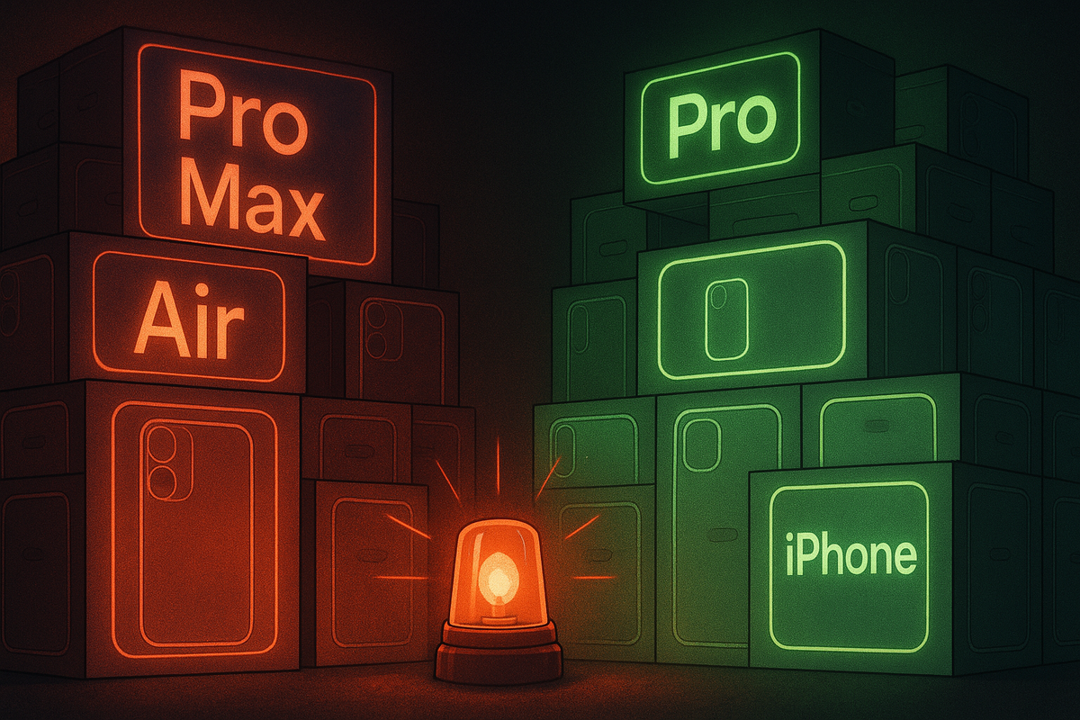 Red alert siren flashing between iPhone model boxes—Pro Max and Air stacked dangerously low vs Pro models glowing in green—scarcity and urgency visualized
