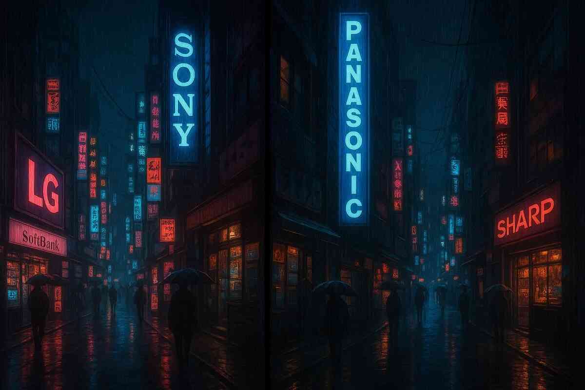 Rainy neon alley packed with glowing electronics signs—LG, Sony, Panasonic, Sharp—moody cyberpunk vibe echoing rival retailers’ silent competition