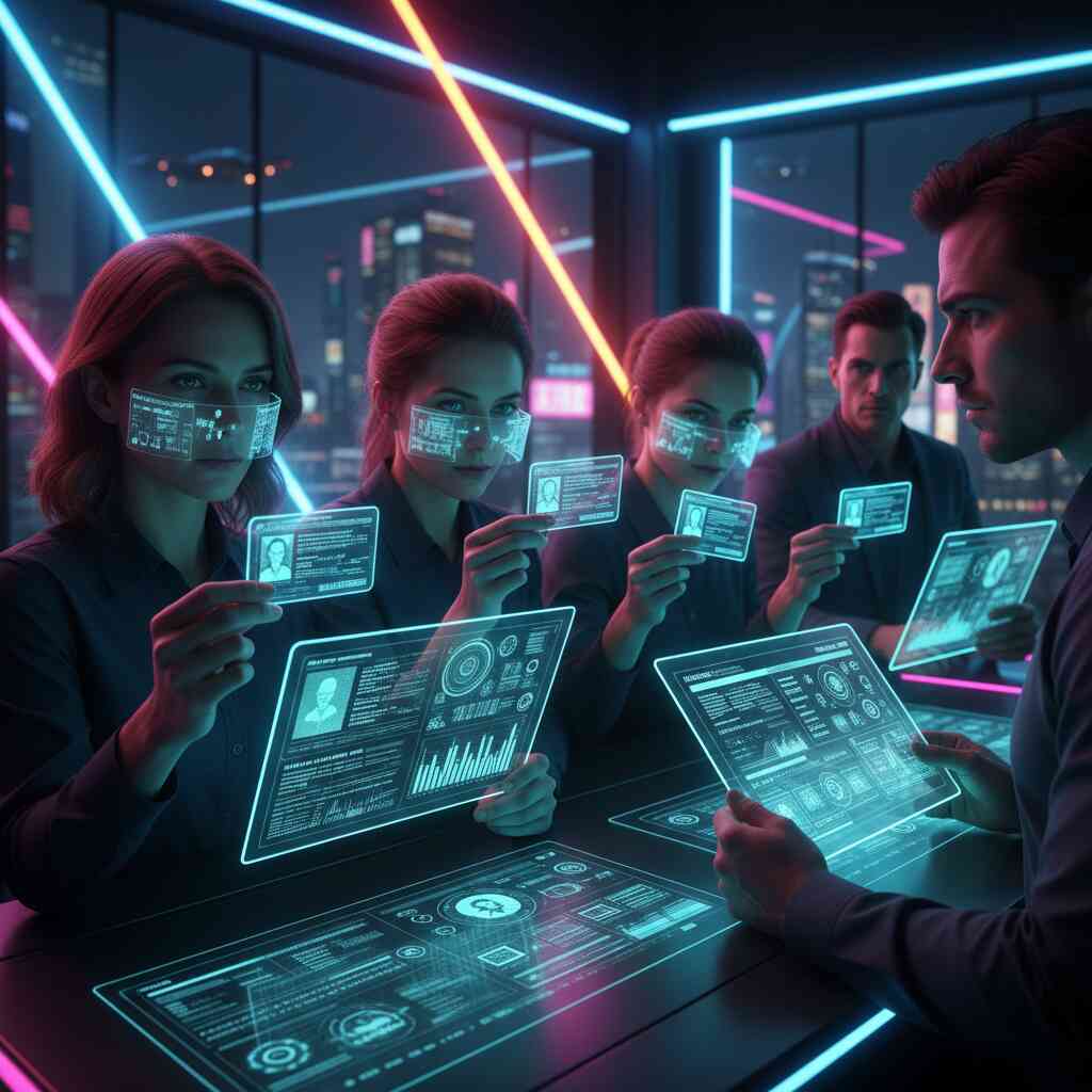 Futuristic verification scene with glowing ID cards scanned under harsh neon lights—intense focus, strict rules, buyers bracing for iPhone contract hurdles