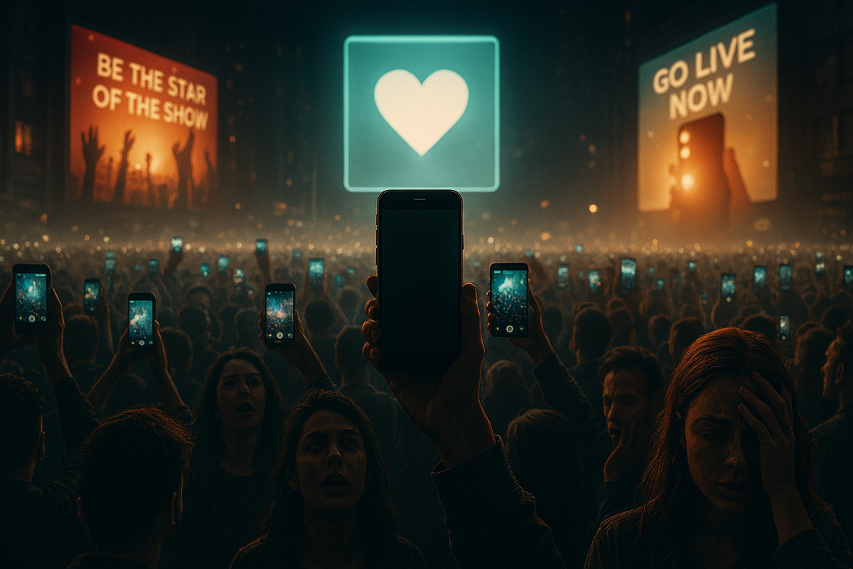 Electrified crowd of smartphone users under giant glowing screens—hearts, “Go Live Now” slogans—collective frenzy, excitement, and digital euphoria