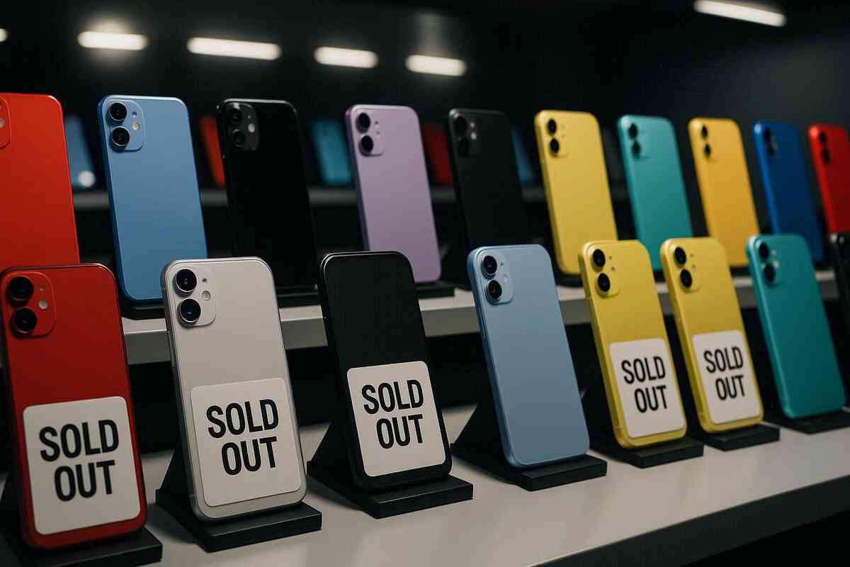 Colorful lineup of smartphones with bold SOLD OUT tags—empty spaces, scarcity shock, vibrant hues clashing with frustration, emotional urgency