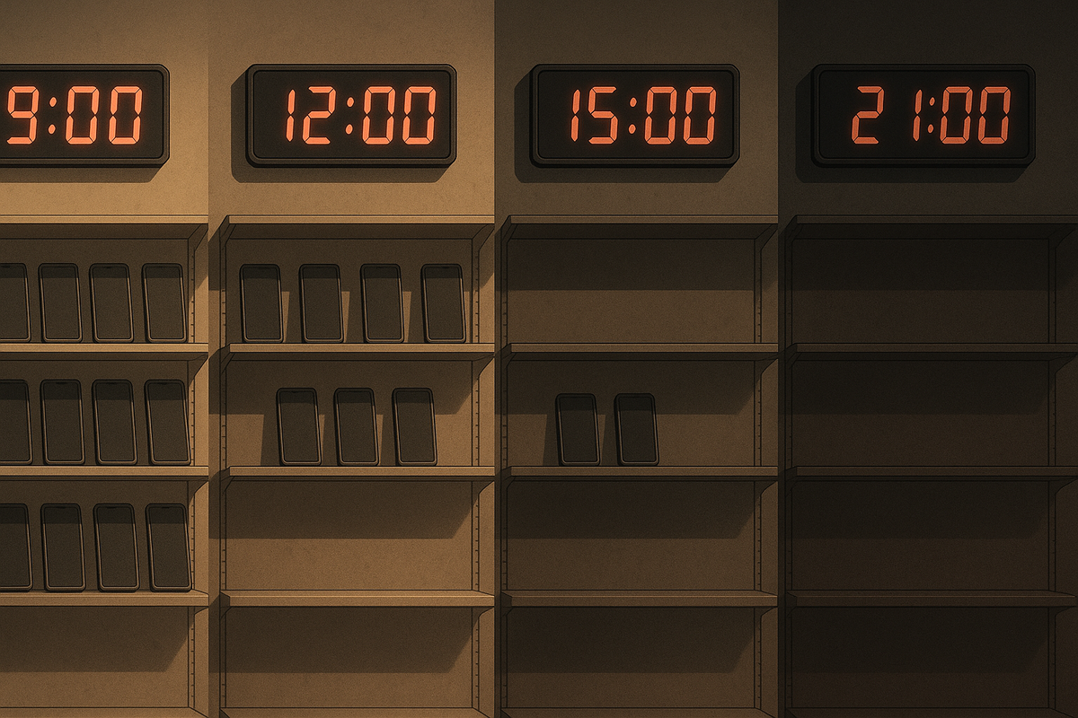 Digital wall clock times above shelves showing phones disappearing—morning to night fade, intense countdown energy, pressure of vanishing stock