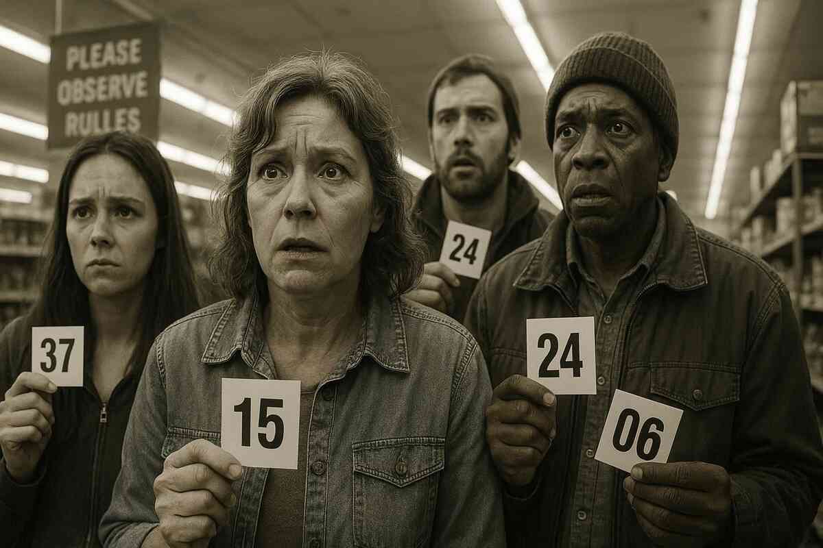 Anxious shoppers clutching numbered tickets, faces full of fear and hope, suspenseful atmosphere under strict store rules, raw human tension