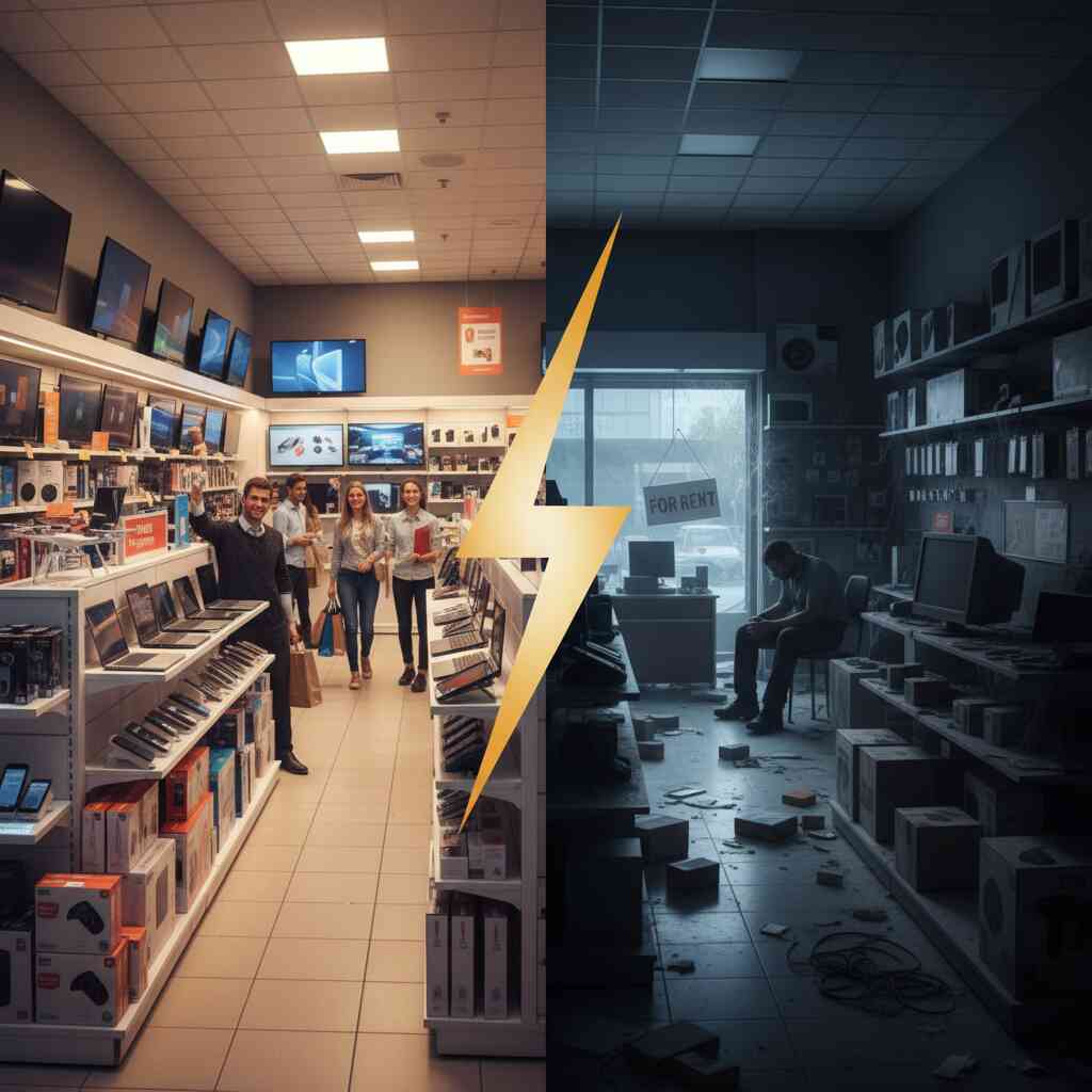Split-screen contrast of a bright thriving electronics store versus a dark empty one, lightning bolt divider, dramatic battle energy, survival vs despair