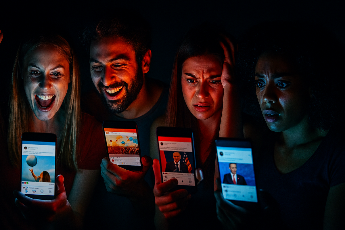 Four people illuminated by glowing smartphone screens—mixed emotions of joy, shock, and fear while scrolling social feeds, raw reactions amplified
